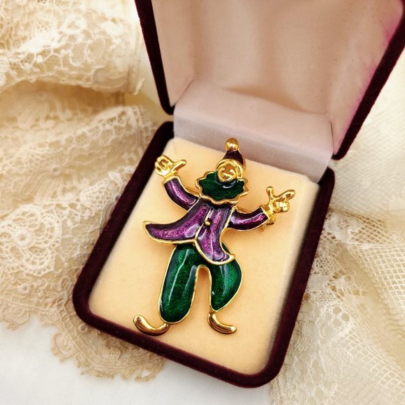 Articulated Clown Hard Enamel Pin, Cute Holiday Shawl Scarf Brooch - Picture 3 of 10